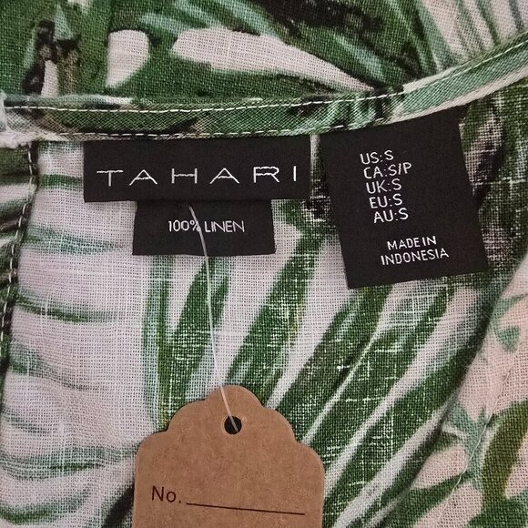 WOMENS TAHARI SHIFT DRESS LINEN WHITE WITH TROPICAL GREEN LEAF PRINT SIZE SMALL - Picture 5 of 6